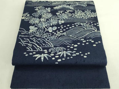 平和屋着物●極上　九寸開き名古屋帯　紬地　ろうけつ染め　本藍　立波花文　紺色地　逸品　DZAB7057kh6