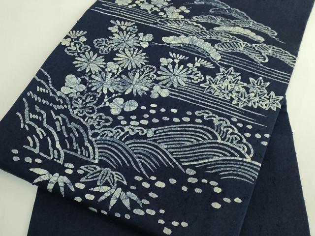 平和屋着物●極上　九寸開き名古屋帯　紬地　ろうけつ染め　本藍　立波花文　紺色地　逸品　DZAB7057kh6
