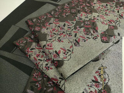 平和屋本店●極上　キモノデザイナー　斉藤上太郎　両面　六通柄袋帯　唐織　花唐草　黒地　銀糸　逸品　DZAB7059kh6