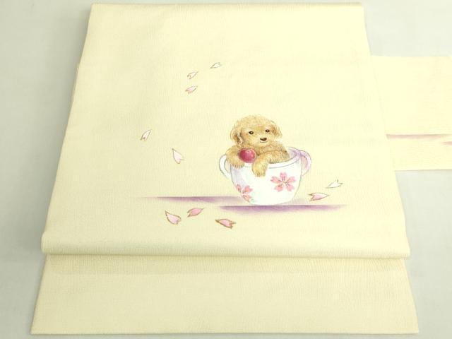平和屋着物●極上　九寸名古屋帯　手描き　ティーカッププードル　舞桜　金彩　蒸栗色地　逸品　DZAB7100kh6