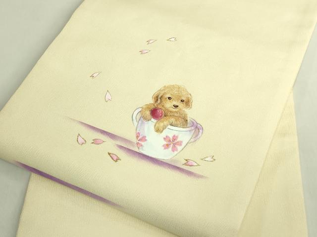 平和屋着物●極上　九寸名古屋帯　手描き　ティーカッププードル　舞桜　金彩　蒸栗色地　逸品　DZAB7100kh6