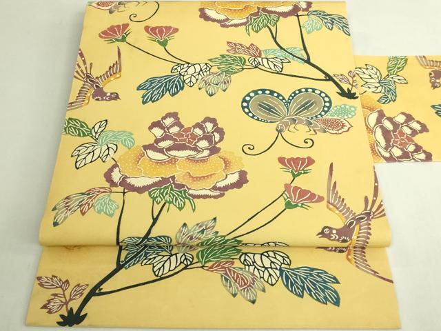 平和屋本店●希少　人間国宝　鎌倉芳太郎　型絵染　琉球紅型　塩瀬　九寸名古屋帯　花鳥文　逸品　DZAB7103kh6