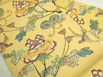 平和屋本店●希少　人間国宝　鎌倉芳太郎　型絵染　琉球紅型　塩瀬　九寸名古屋帯　花鳥文　逸品　DZAB7103kh6