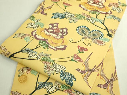 平和屋本店●希少　人間国宝　鎌倉芳太郎　型絵染　琉球紅型　塩瀬　九寸名古屋帯　花鳥文　逸品　DZAB7103kh6