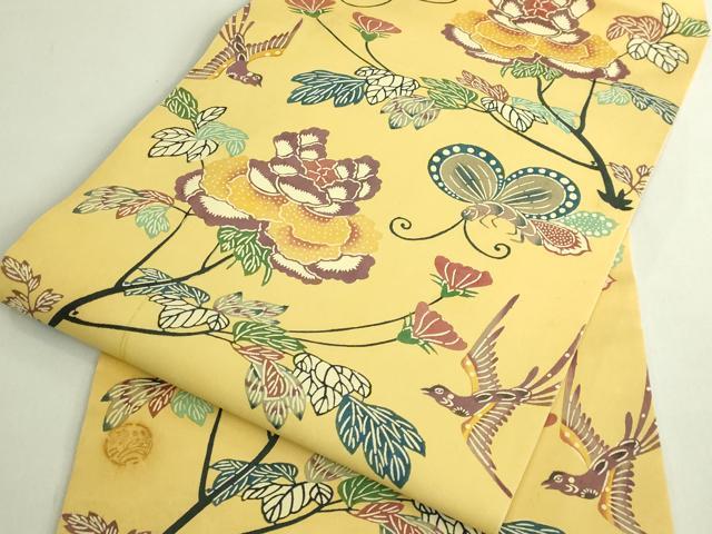 平和屋本店●希少　人間国宝　鎌倉芳太郎　型絵染　琉球紅型　塩瀬　九寸名古屋帯　花鳥文　逸品　DZAB7103kh6