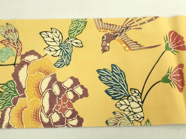 平和屋本店●希少　人間国宝　鎌倉芳太郎　型絵染　琉球紅型　塩瀬　九寸名古屋帯　花鳥文　逸品　DZAB7103kh6