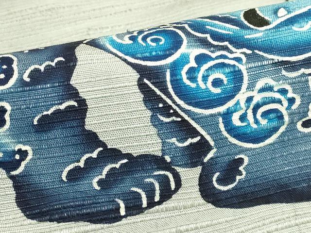 平和屋本店●最高級　城間栄順　本場琉球紅型　藍型　八寸名古屋帯　シーサー　灰色地　逸品　DZAB7108kh6
