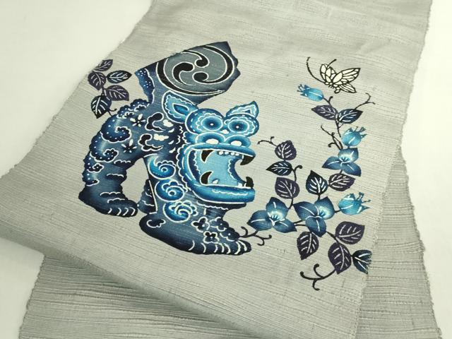 平和屋本店●最高級　城間栄順　本場琉球紅型　藍型　八寸名古屋帯　シーサー　灰色地　逸品　DZAB7108kh6