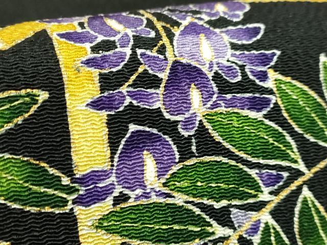 平和屋本店●超希少　東京友禅　久呂田明功　九寸開き名古屋帯　藤花房　黒地　金彩　鬼しぼ縮緬　逸品　DZAB7109kh6