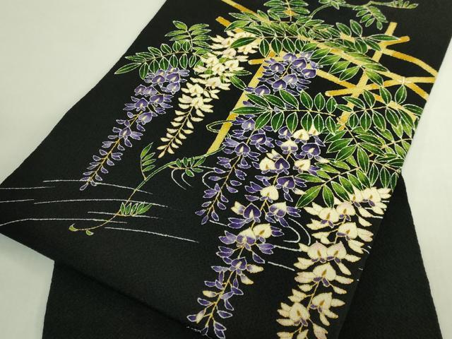 平和屋本店●超希少　東京友禅　久呂田明功　九寸開き名古屋帯　藤花房　黒地　金彩　鬼しぼ縮緬　逸品　DZAB7109kh6