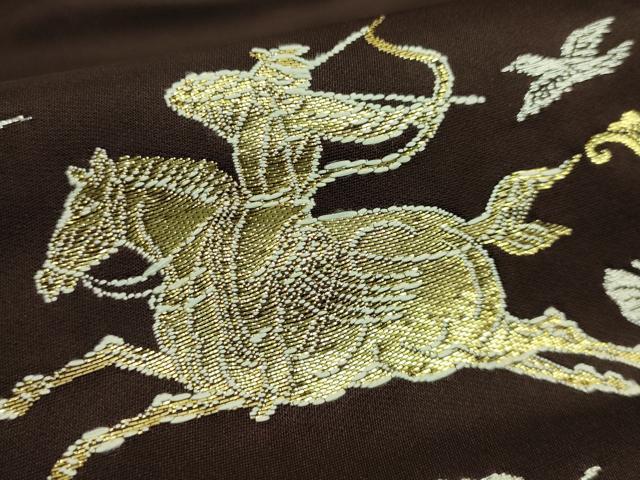 平和屋本店●極上　龍村美術織物　たつむら　九寸名古屋帯　木画狩猟錦　憲法黒茶色地　金銀糸　逸品　DZAB7130kh6
