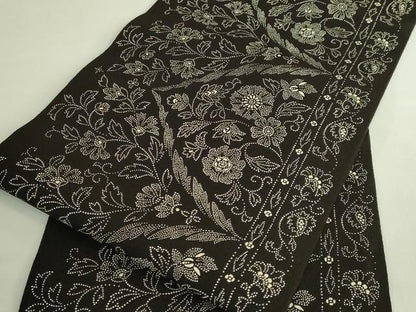 平和屋着物●極上　九寸名古屋帯　印傳　更紗花文　憲法黒茶色地　逸品　DZAB7145kh6