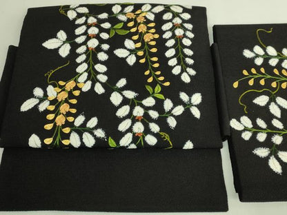 平和屋本店●極上　つけ帯　駒刺繍　藤花房　黒地　金糸　鬼しぼ縮緬　逸品　DZAB7148kh6