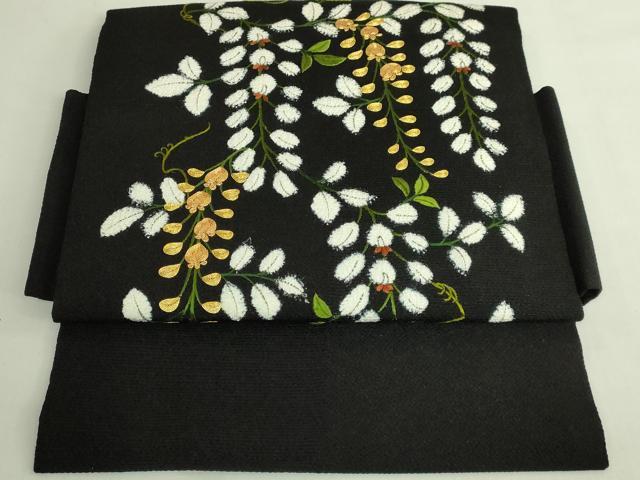 平和屋本店●極上　つけ帯　駒刺繍　藤花房　黒地　金糸　鬼しぼ縮緬　逸品　DZAB7148kh6