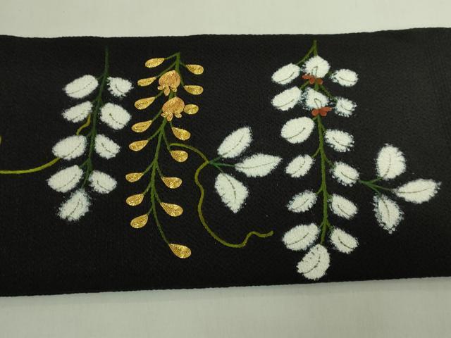 平和屋本店●極上　つけ帯　駒刺繍　藤花房　黒地　金糸　鬼しぼ縮緬　逸品　DZAB7148kh6