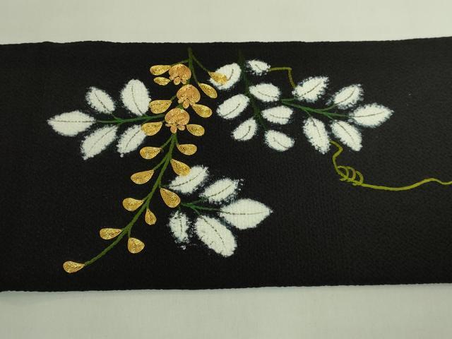 平和屋本店●極上　つけ帯　駒刺繍　藤花房　黒地　金糸　鬼しぼ縮緬　逸品　DZAB7148kh6