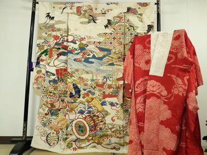 平和屋本店●極上　アンティーク　大正ロマン　振袖・長襦袢(袷・半衿刺繍)セット　駒刺繍　檜扇宝尽くし楽器文　金彩　逸品　DZAB7152kh6