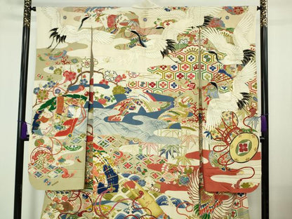 平和屋本店●極上　アンティーク　大正ロマン　振袖・長襦袢(袷・半衿刺繍)セット　駒刺繍　檜扇宝尽くし楽器文　金彩　逸品　DZAB7152kh6