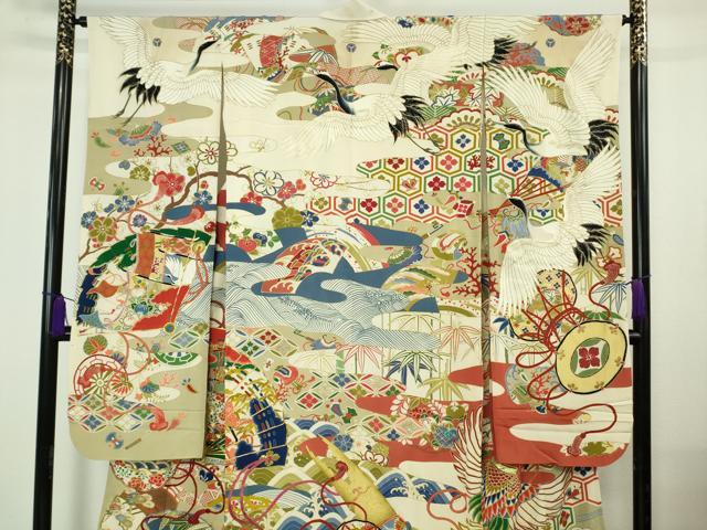平和屋本店●極上　アンティーク　大正ロマン　振袖・長襦袢(袷・半衿刺繍)セット　駒刺繍　檜扇宝尽くし楽器文　金彩　逸品　DZAB7152kh6