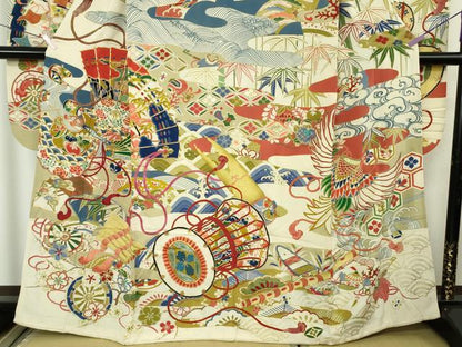 平和屋本店●極上　アンティーク　大正ロマン　振袖・長襦袢(袷・半衿刺繍)セット　駒刺繍　檜扇宝尽くし楽器文　金彩　逸品　DZAB7152kh6