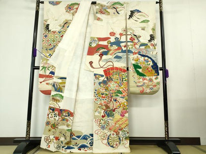 平和屋本店●極上　アンティーク　大正ロマン　振袖・長襦袢(袷・半衿刺繍)セット　駒刺繍　檜扇宝尽くし楽器文　金彩　逸品　DZAB7152kh6