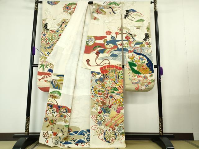 平和屋本店●極上　アンティーク　大正ロマン　振袖・長襦袢(袷・半衿刺繍)セット　駒刺繍　檜扇宝尽くし楽器文　金彩　逸品　DZAB7152kh6