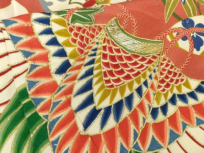 平和屋本店●極上　アンティーク　大正ロマン　振袖・長襦袢(袷・半衿刺繍)セット　駒刺繍　檜扇宝尽くし楽器文　金彩　逸品　DZAB7152kh6
