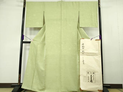 平和屋本店●極上　銀座　志ま亀　色無地　流水菊地紋　裏葉柳色　たとう紙付き　逸品　未使用　DZAB7153kh6