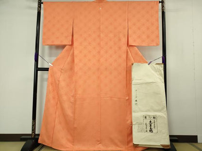 平和屋本店●極上　銀座　志ま亀　色無地　七宝地紋　赤朽葉色　たとう紙付き　逸品　DZAB7154kh6