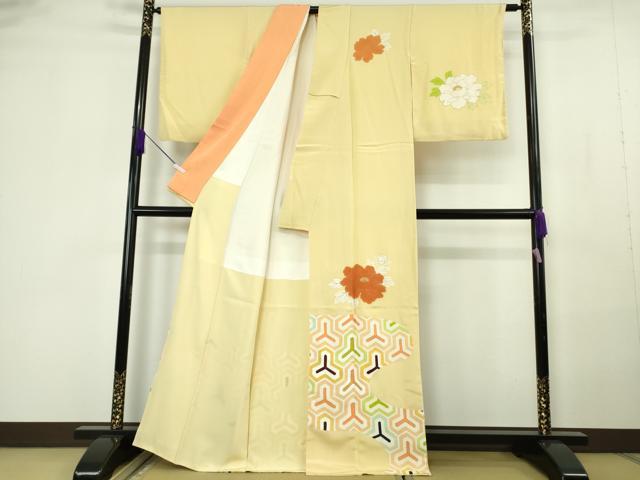 平和屋本店●極上　銀座　志ま亀　訪問着　牡丹　毘沙門亀甲　淡黄色地　金彩　たとう紙付き　逸品　DZAB7155kh6