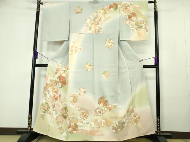 平和屋本店●極上　訪問着　駒刺繍　束ね熨斗　花丸文　濃い藍白色地　暈し染め　金彩　逸品　未使用　DZAB7161kh6