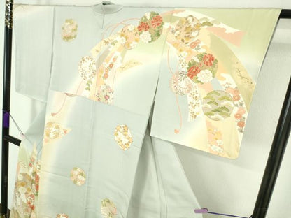 平和屋本店●極上　訪問着　駒刺繍　束ね熨斗　花丸文　濃い藍白色地　暈し染め　金彩　逸品　未使用　DZAB7161kh6