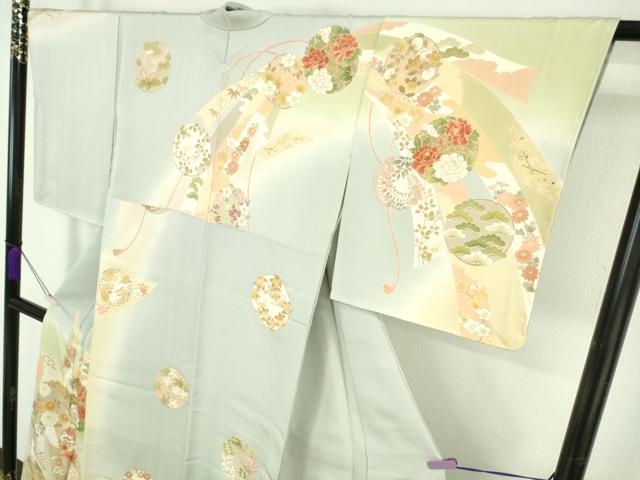 平和屋本店●極上　訪問着　駒刺繍　束ね熨斗　花丸文　濃い藍白色地　暈し染め　金彩　逸品　未使用　DZAB7161kh6
