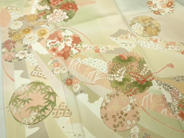 平和屋本店●極上　訪問着　駒刺繍　束ね熨斗　花丸文　濃い藍白色地　暈し染め　金彩　逸品　未使用　DZAB7161kh6