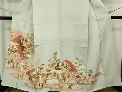 平和屋本店●極上　皇室献上作家　藤井寛　訪問着　駒刺繍　鴛鴦花文　白花色地　金彩　反端付き　逸品　未使用　DZAB7162kh6