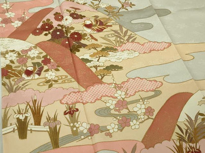 平和屋本店●極上　皇室献上作家　藤井寛　訪問着　駒刺繍　鴛鴦花文　白花色地　金彩　反端付き　逸品　未使用　DZAB7162kh6