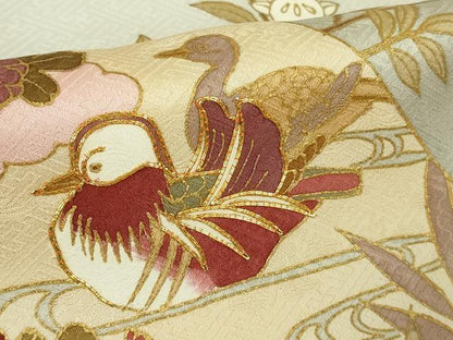 平和屋本店●極上　皇室献上作家　藤井寛　訪問着　駒刺繍　鴛鴦花文　白花色地　金彩　反端付き　逸品　未使用　DZAB7162kh6