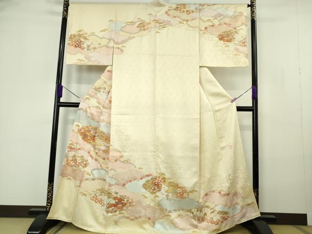 平和屋本店●極上　訪問着　作家物　駒刺繍　雲取り風景花文　蒸栗色地　金彩　逸品　未使用　DZAB7163kh6