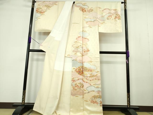平和屋本店●極上　訪問着　作家物　駒刺繍　雲取り風景花文　蒸栗色地　金彩　逸品　未使用　DZAB7163kh6