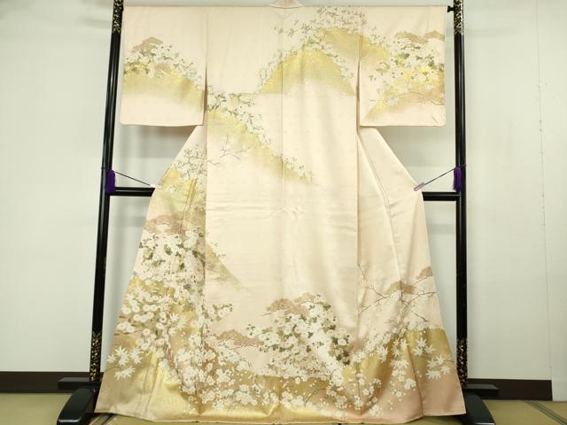 平和屋本店●極上　訪問着　駒刺繍　松　菊　桜　楓　肌色地　金彩　逸品　未使用　DZAB7164kh6