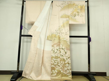 平和屋本店●極上　訪問着　駒刺繍　松　菊　桜　楓　肌色地　金彩　逸品　未使用　DZAB7164kh6