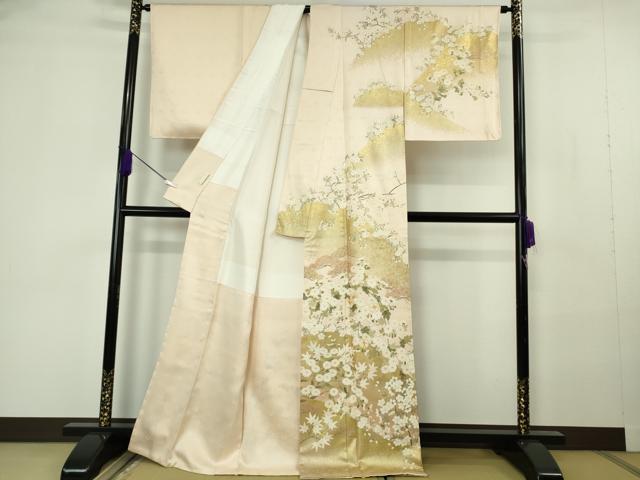 平和屋本店●極上　訪問着　駒刺繍　松　菊　桜　楓　肌色地　金彩　逸品　未使用　DZAB7164kh6