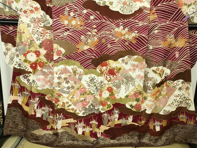 平和屋本店●極上　皇室献上作家　藤井寛　振袖　駒刺繍　花筏　立波吉祥花文　金彩　京都きもの友禅扱い　逸品　DZAB7166kh6