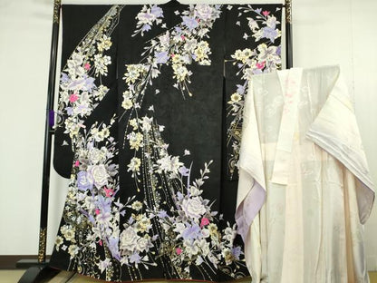 平和屋本店●極上　振袖・長襦袢(無双仕立て・半衿刺繍)セット　刺繍　薔薇　バラ　舞蝶花文　黒地　金銀彩　逸品　DZAB7168kh6