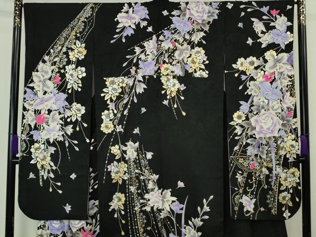 平和屋本店●極上　振袖・長襦袢(無双仕立て・半衿刺繍)セット　刺繍　薔薇　バラ　舞蝶花文　黒地　金銀彩　逸品　DZAB7168kh6
