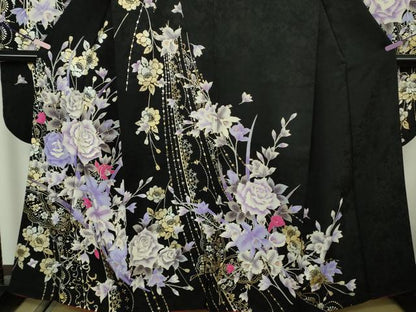平和屋本店●極上　振袖・長襦袢(無双仕立て・半衿刺繍)セット　刺繍　薔薇　バラ　舞蝶花文　黒地　金銀彩　逸品　DZAB7168kh6