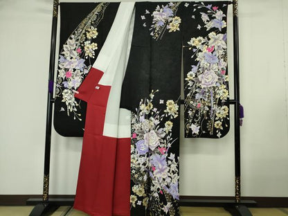 平和屋本店●極上　振袖・長襦袢(無双仕立て・半衿刺繍)セット　刺繍　薔薇　バラ　舞蝶花文　黒地　金銀彩　逸品　DZAB7168kh6