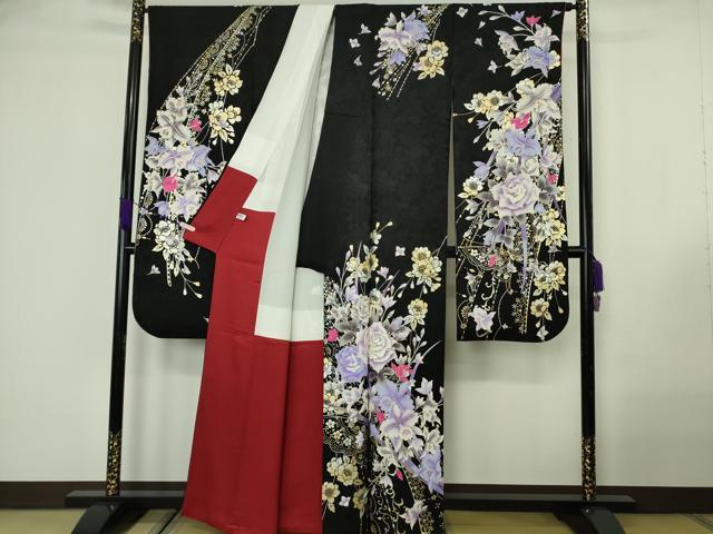 平和屋本店●極上　振袖・長襦袢(無双仕立て・半衿刺繍)セット　刺繍　薔薇　バラ　舞蝶花文　黒地　金銀彩　逸品　DZAB7168kh6