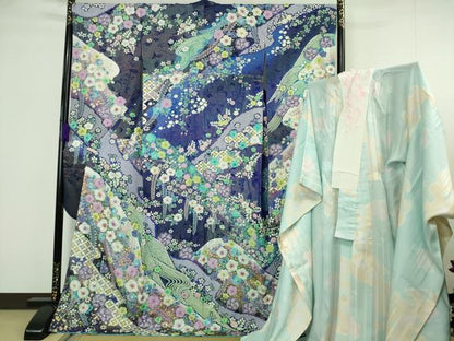 平和屋本店●極上　振袖・長襦袢(無双仕立て・半衿刺繍)セット　辻が花　絞り　暈し染め　金彩　銀通し地　逸品　DZAB7170kh6