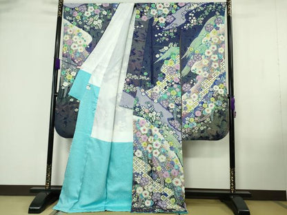 平和屋本店●極上　振袖・長襦袢(無双仕立て・半衿刺繍)セット　辻が花　絞り　暈し染め　金彩　銀通し地　逸品　DZAB7170kh6